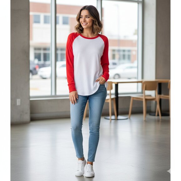 TNA Aritzia Baseball Henley T-shirt Top Waffle knit 3/4 length sleeve Red Size S - Picture 6 of 16